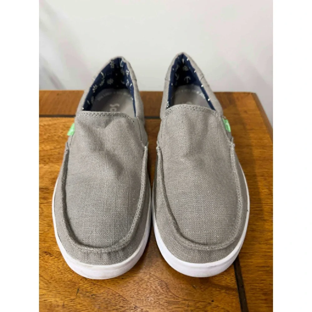 Sanuk Mens 9 Grey Canvas Slip On Loafers Nautical‎ Anchor Print Lining C